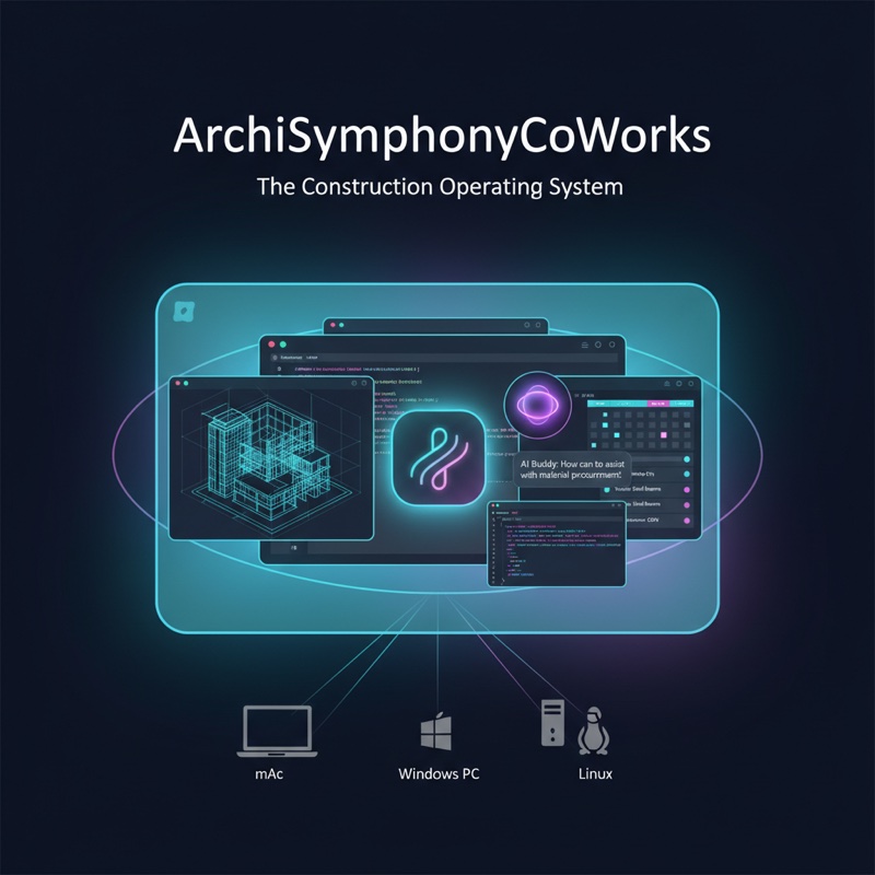 ArchiSymphonyCoWorks — Construction OS 統合ワークステーションのイラスト
