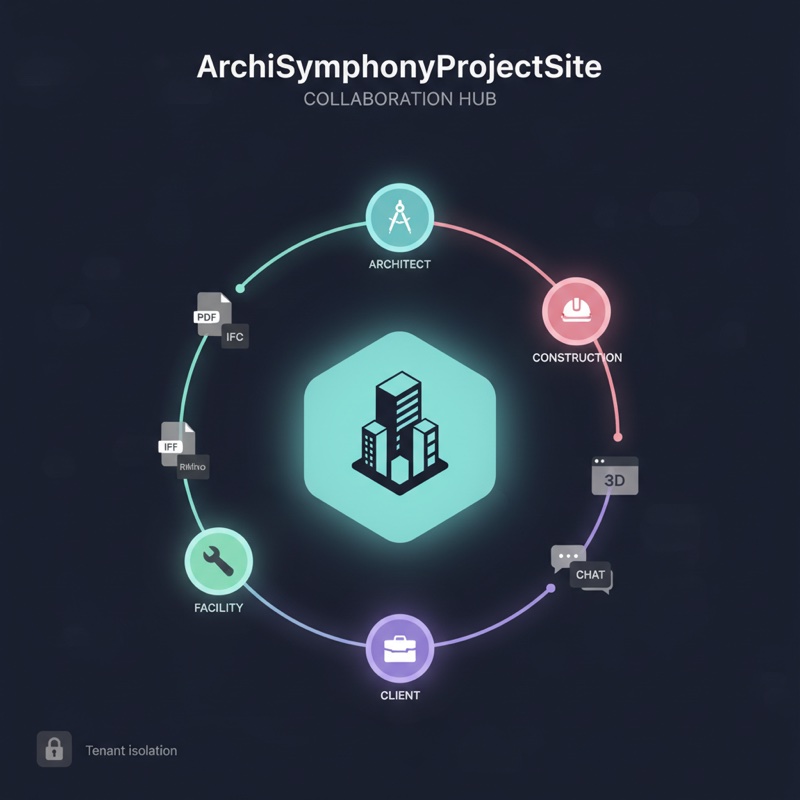ArchiSymphonyProjectSite — ヘキサゴンハブを中心に発注者・設計・施工・FM が協業するイラスト