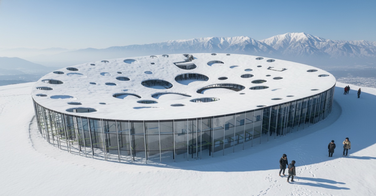 ソラノタニ — 雪化粧した楕円屋根 + 円形天窓の里山コミュニティ施設 AI Render